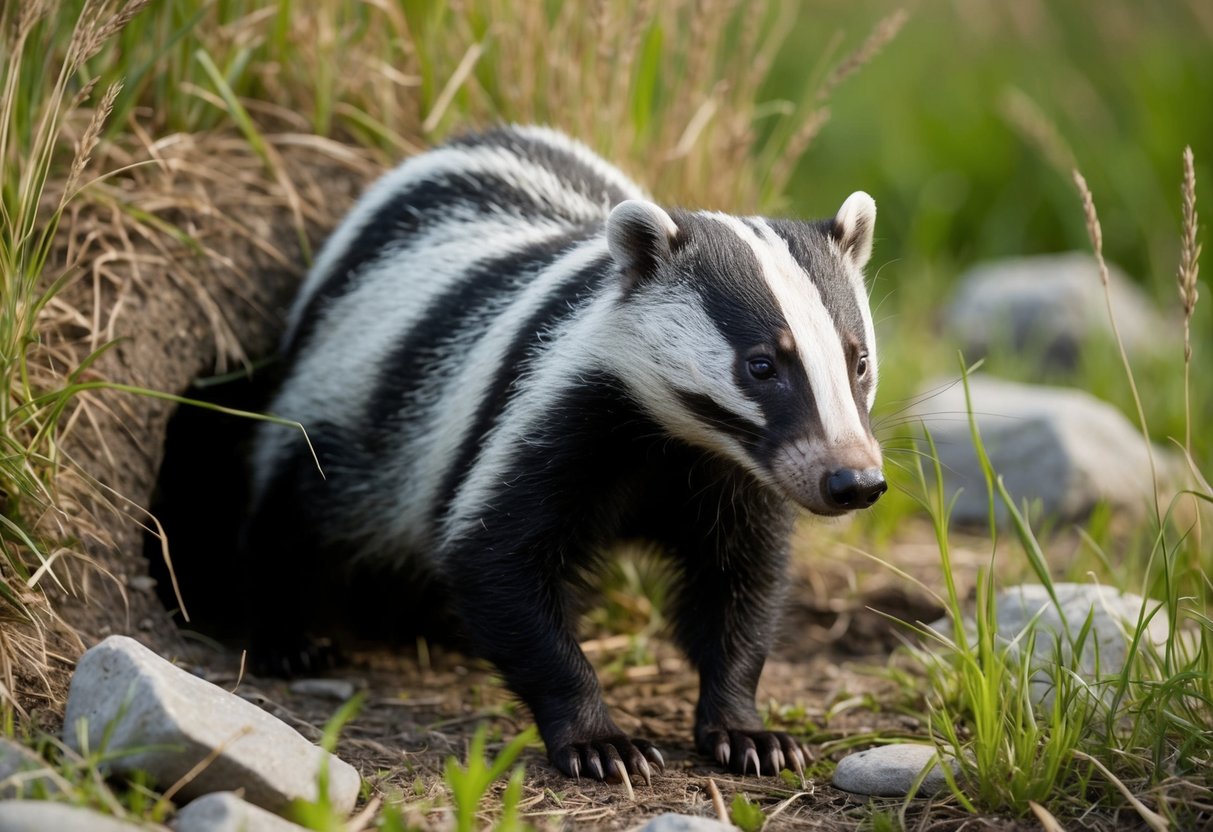 A badger emerges from a burrow, its striped face and sharp claws visible as it sniffs the air, surrounded by tall grass and scattered rocks
