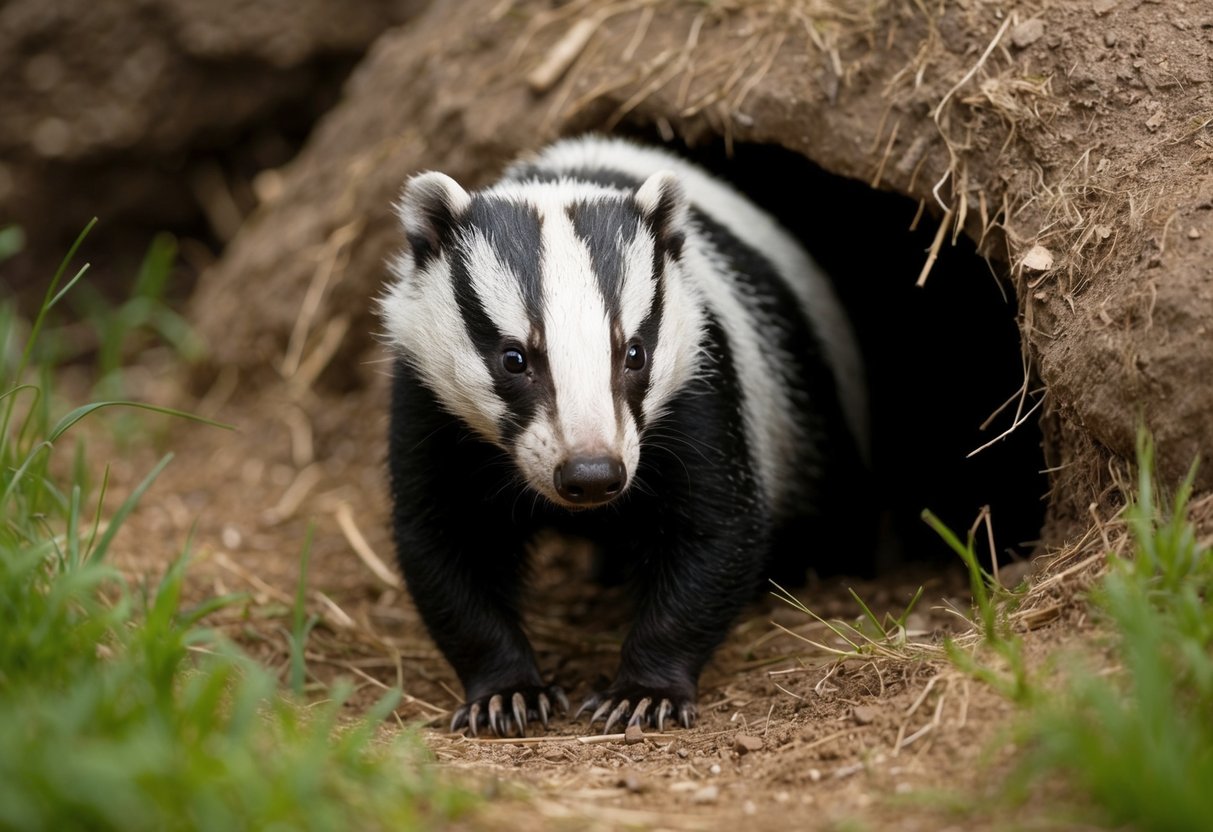 A badger emerges from its burrow, sniffing the air with its sharp nose and scanning its surroundings with alert eyes
