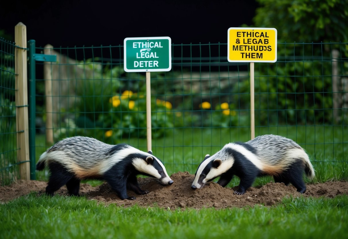 A garden at night with badgers digging, surrounded by a fence and signs indicating ethical and legal methods to deter them