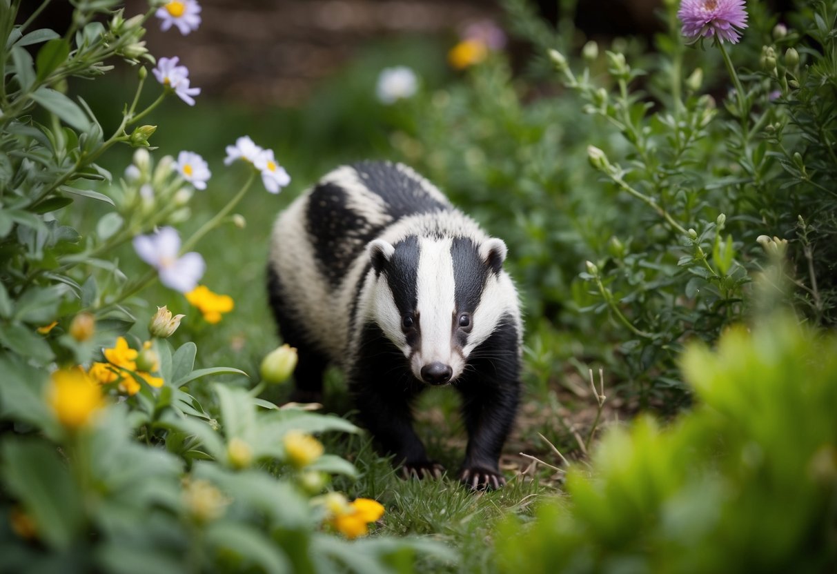 A badger cautiously sniffs around a garden, its distinctive black and white striped face peering out from a tangle of bushes and flowers