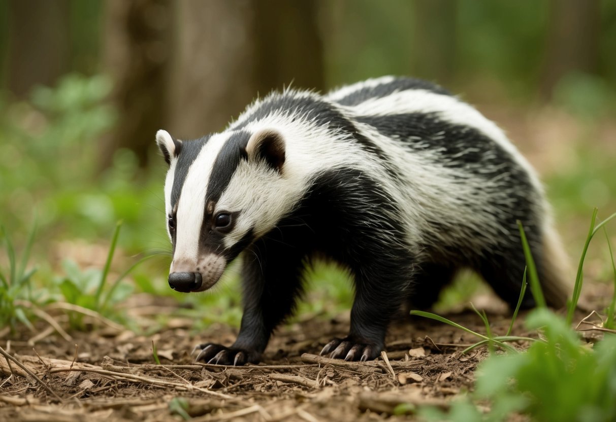 A badger cautiously emerges from a forest clearing, sniffing the air with its distinctive black and white-striped face