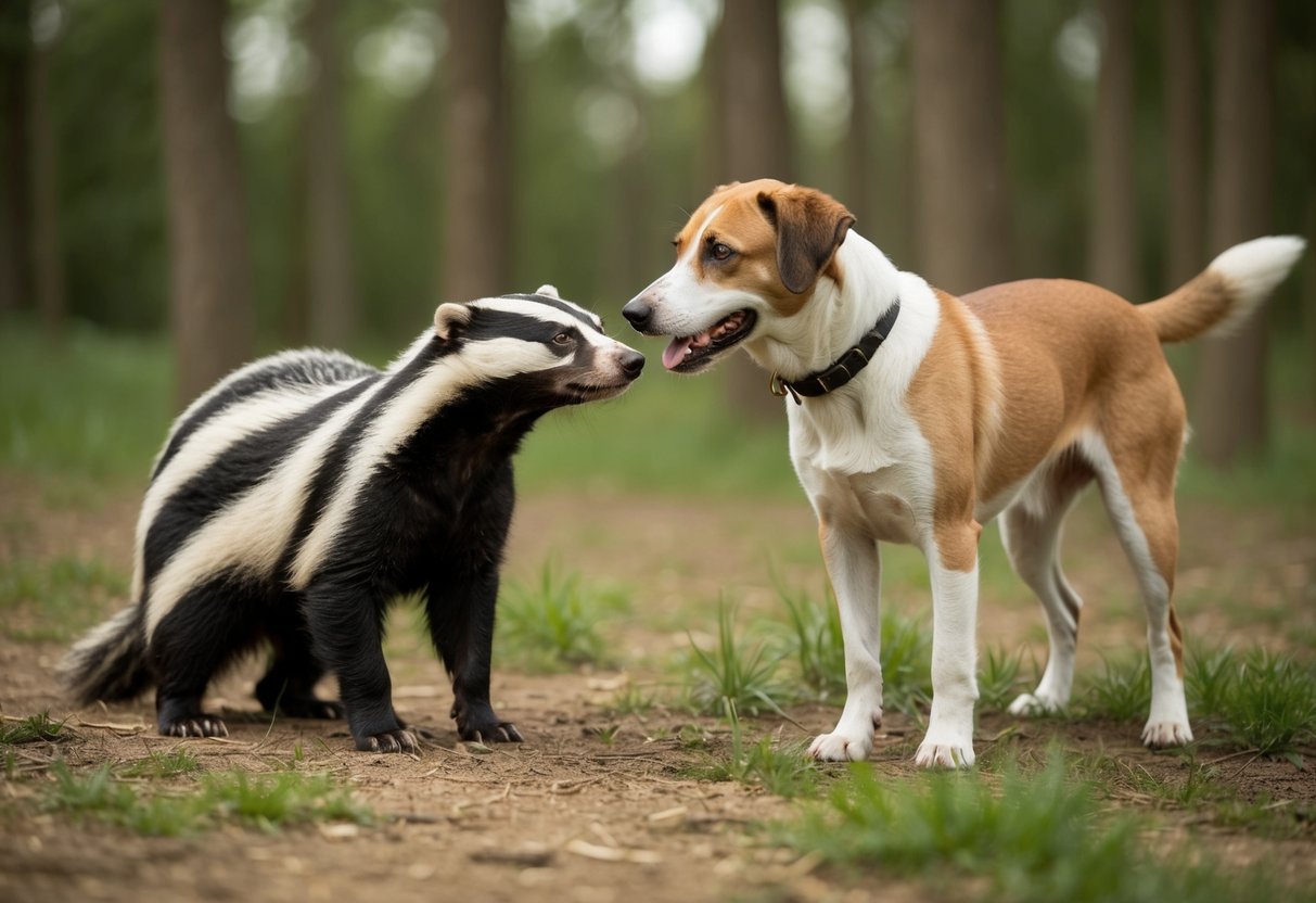 Two animals, a badger and a dog, standing face to face in a forest clearing. The badger looks unwell, while the dog appears healthy