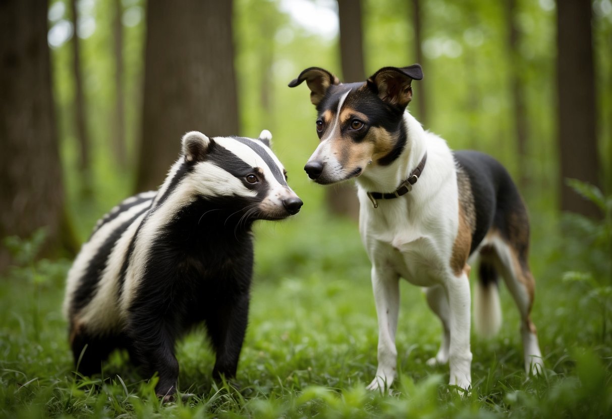 A badger and a dog stand face to face, surrounded by a forest setting. The badger has a pensive expression while the dog looks curious