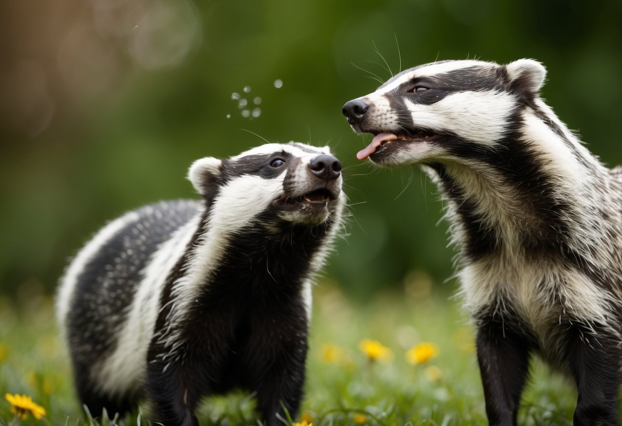 A badger and a dog in close proximity, with the badger coughing or sneezing near the dog