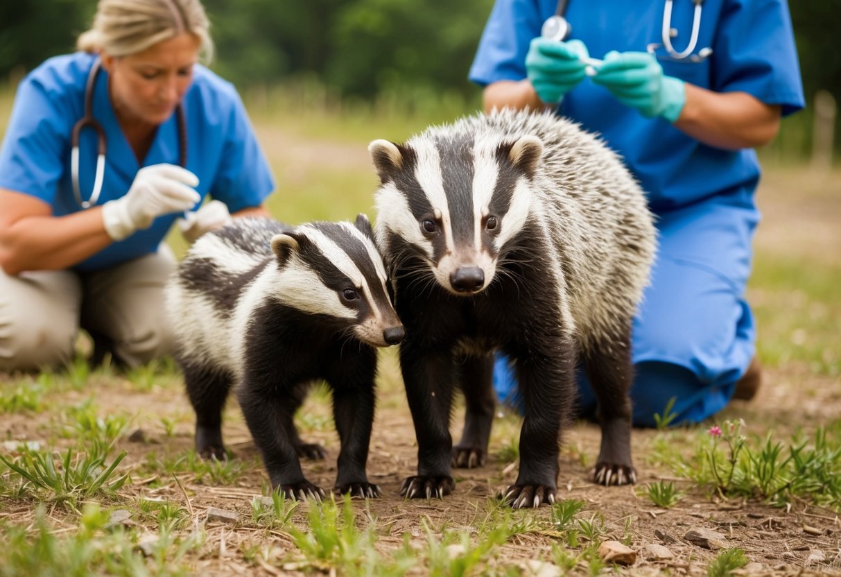 A badger and a dog standing near each other in a rural setting, with a veterinarian in the background conducting tests for TB