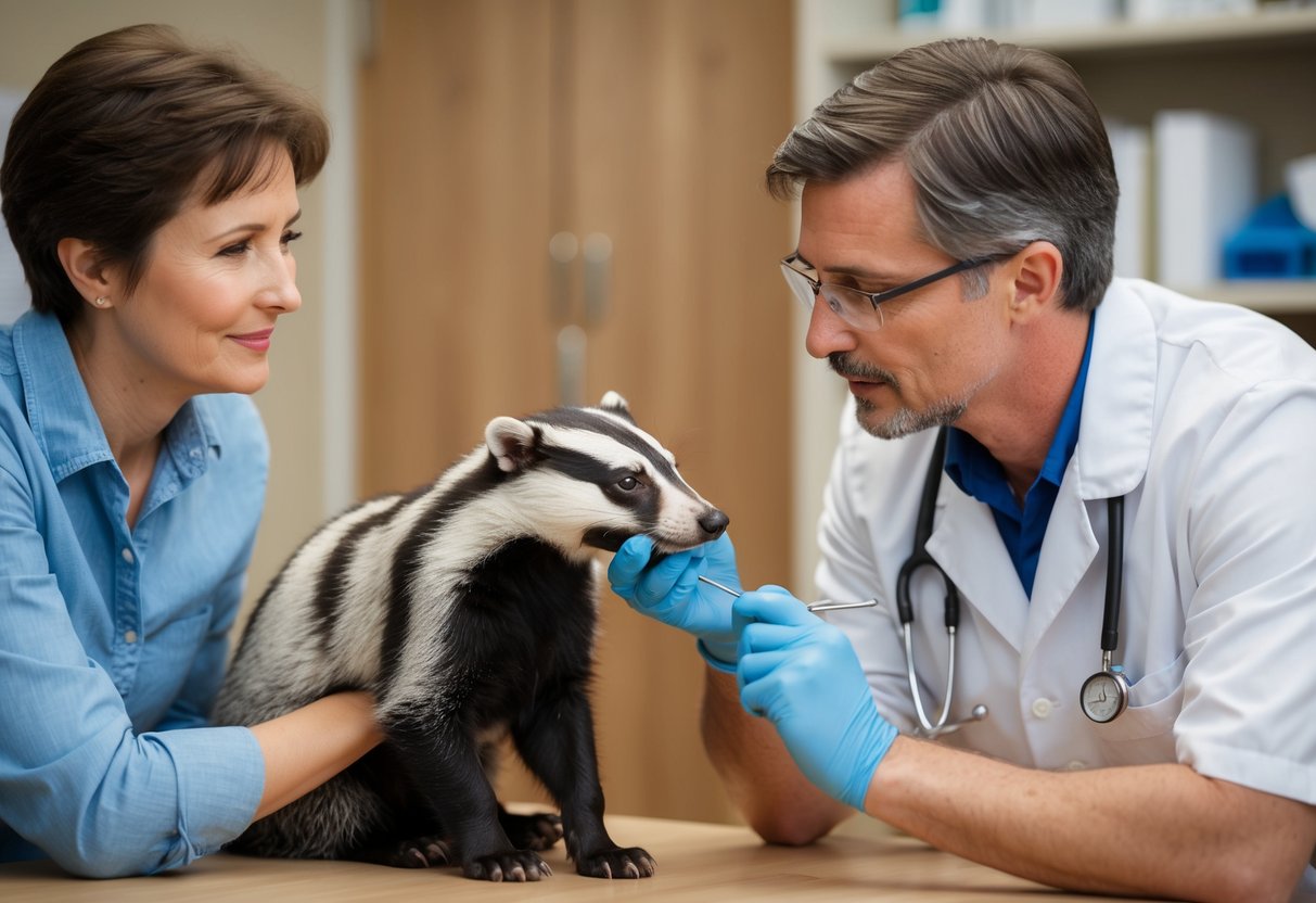 A veterinarian examining a sick badger while a concerned dog owner looks on