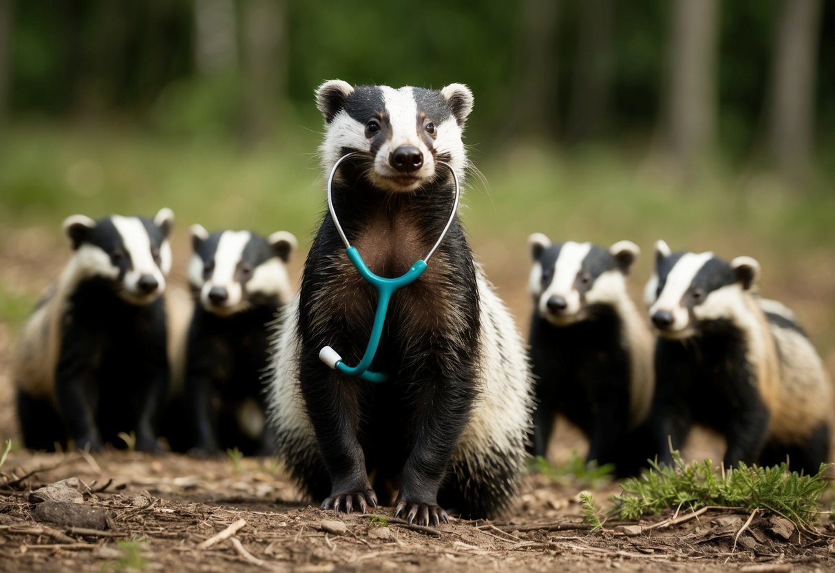 A badger with a stethoscope around its neck stands in a forest clearing, while a group of other badgers watch anxiously