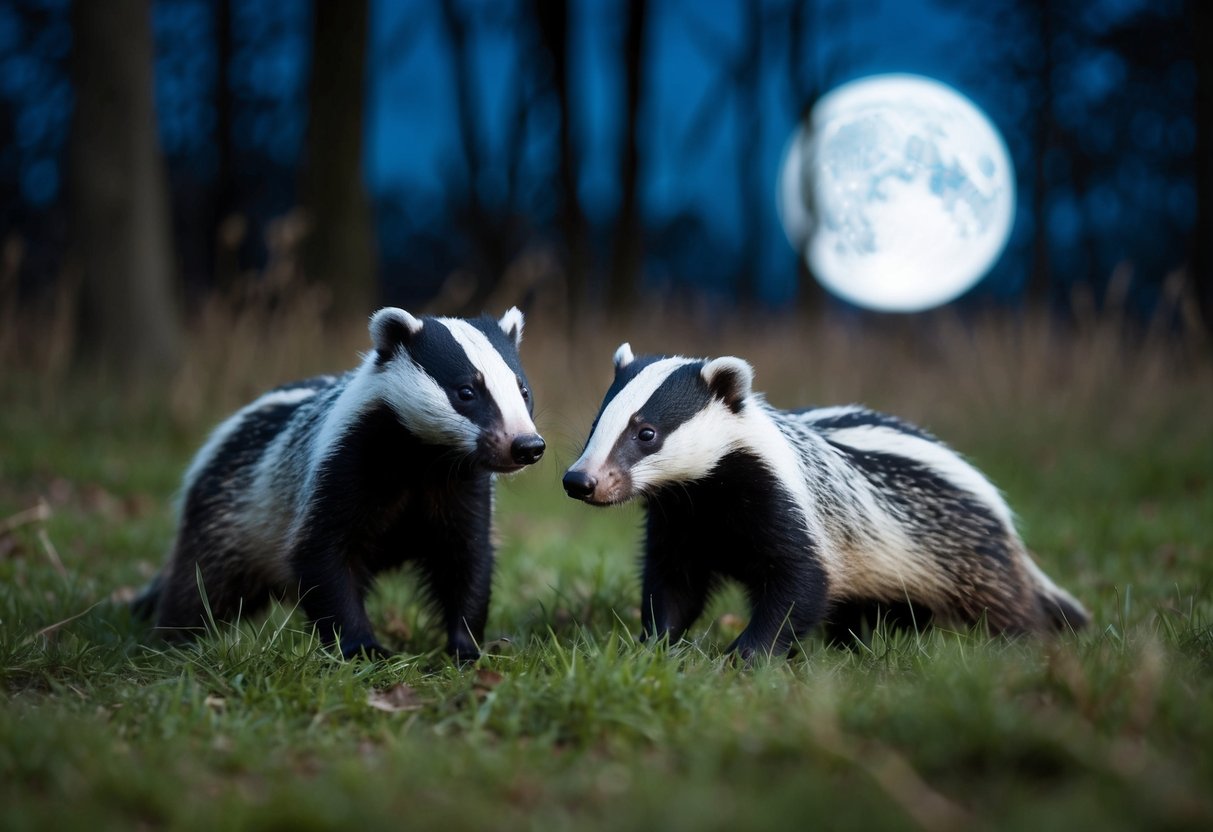 Badgers emerge from their setts at dusk, foraging for food in the moonlit forest