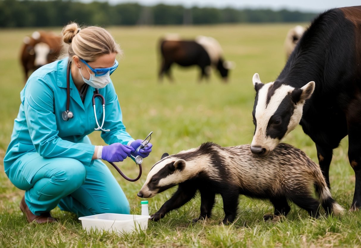 A veterinarian checks badgers and cattle for TB using a stethoscope and conducting tests in a rural field
