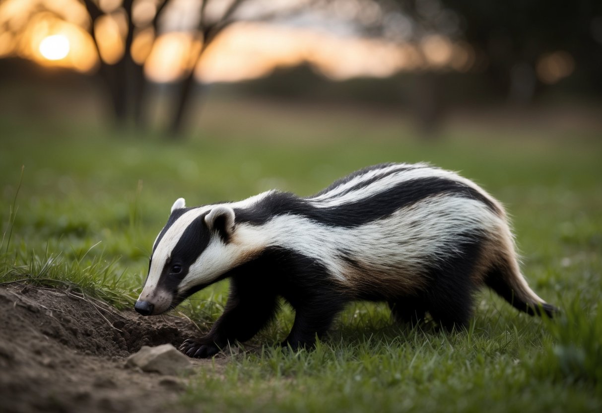 At dusk, a badger emerges from its burrow, sniffing the air for prey. The setting sun casts a warm glow on the surrounding grass and trees