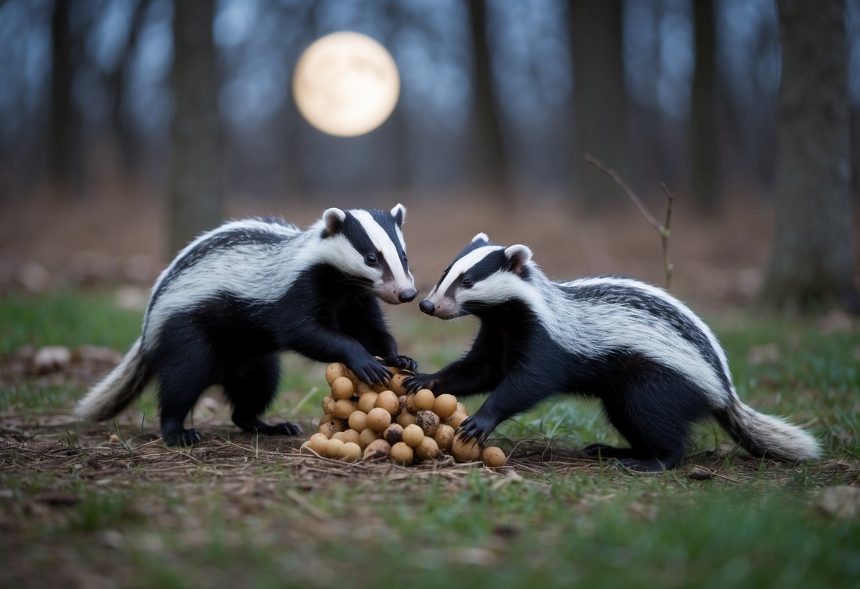 Badgers foraging and playing in a moonlit forest clearing