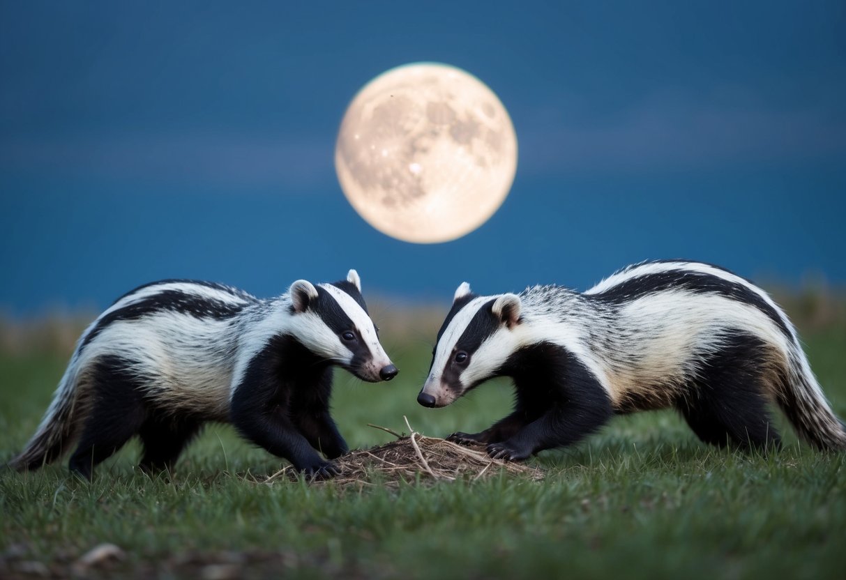 Badgers emerge from their burrows, foraging for food under the moonlit sky, as the night remains still and quiet