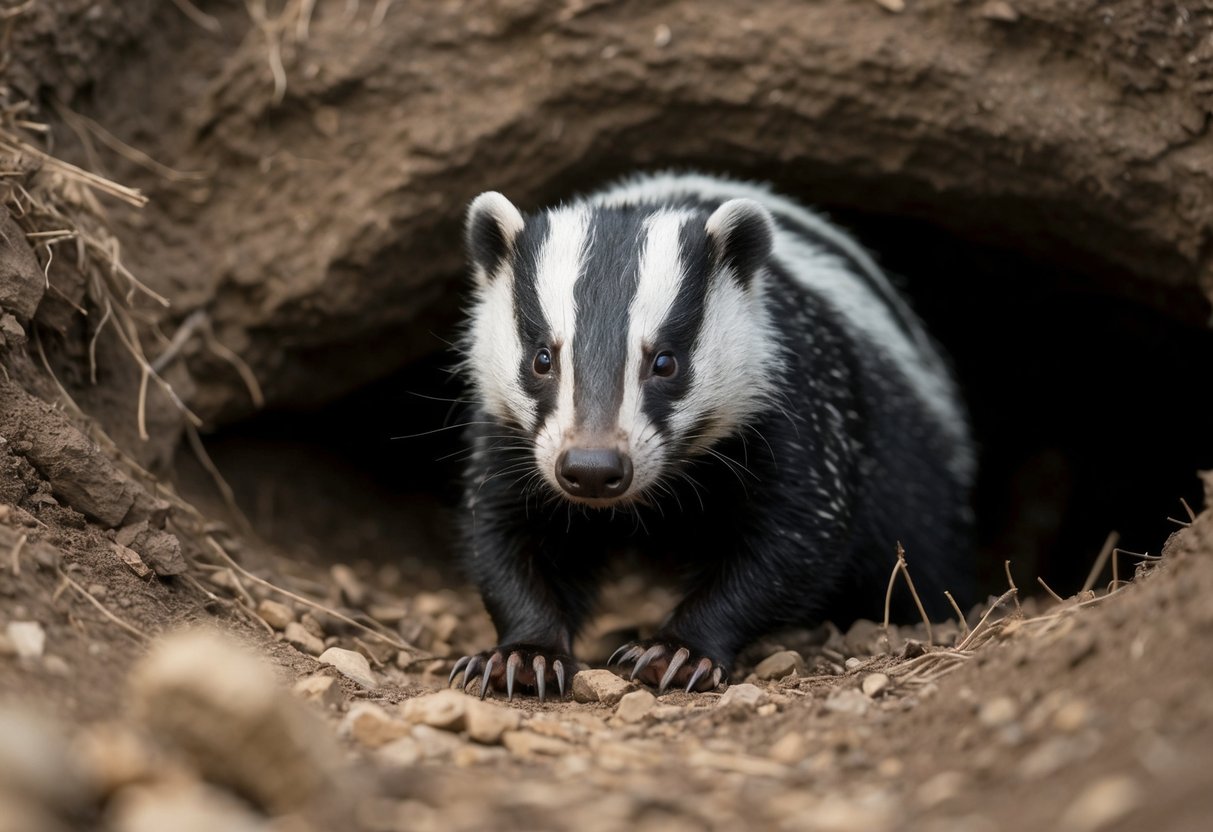 A badger emerges from a burrow, snout twitching, claws ready