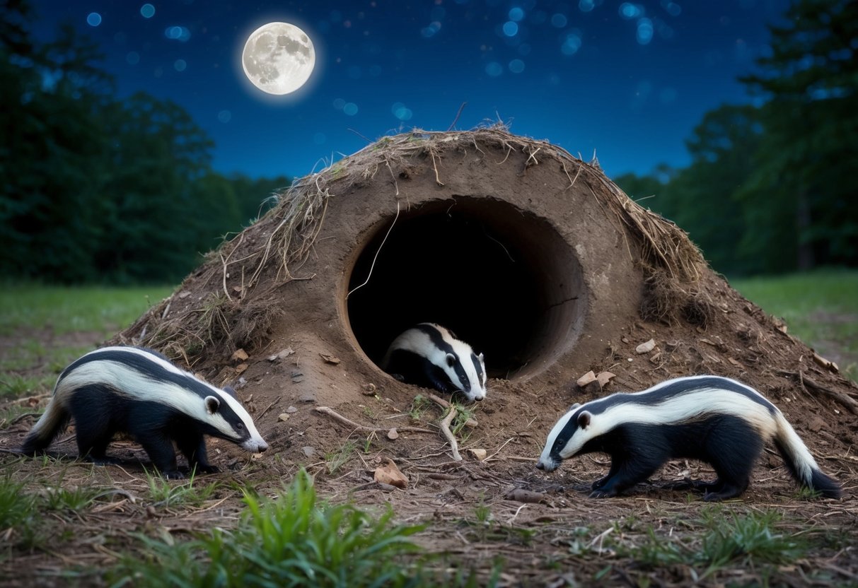 A moonlit forest clearing with a burrow entrance, surrounded by foraging badgers under the night sky