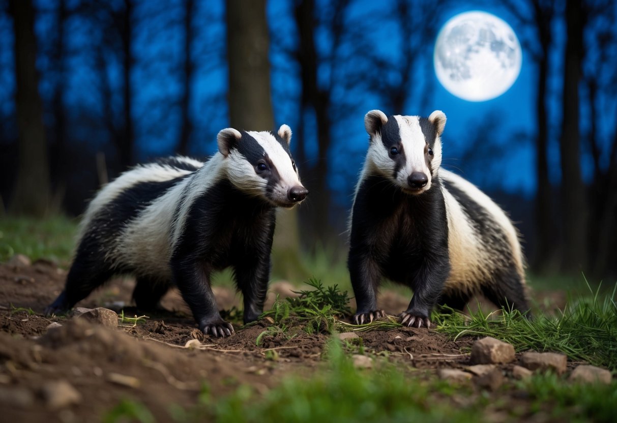 Badgers emerge from their burrows at dusk, foraging for food in the moonlit forest
