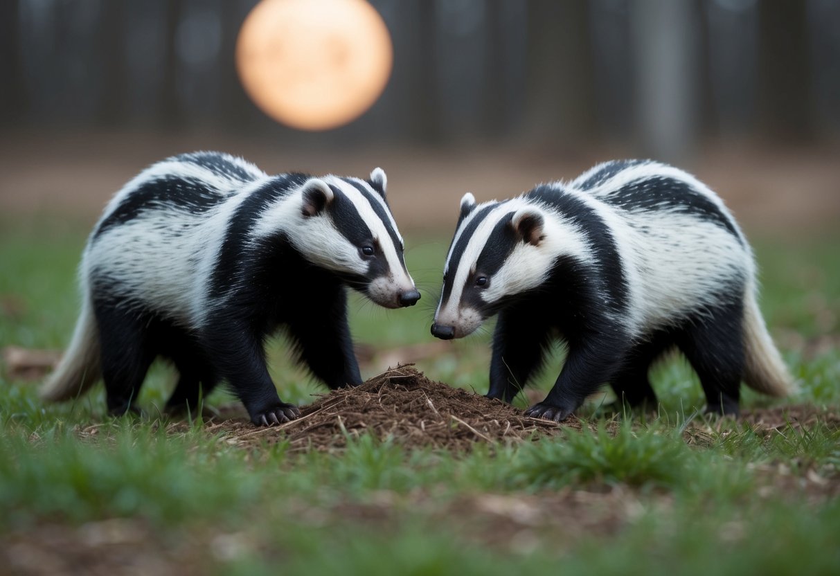 Badgers foraging in moonlit forest clearing