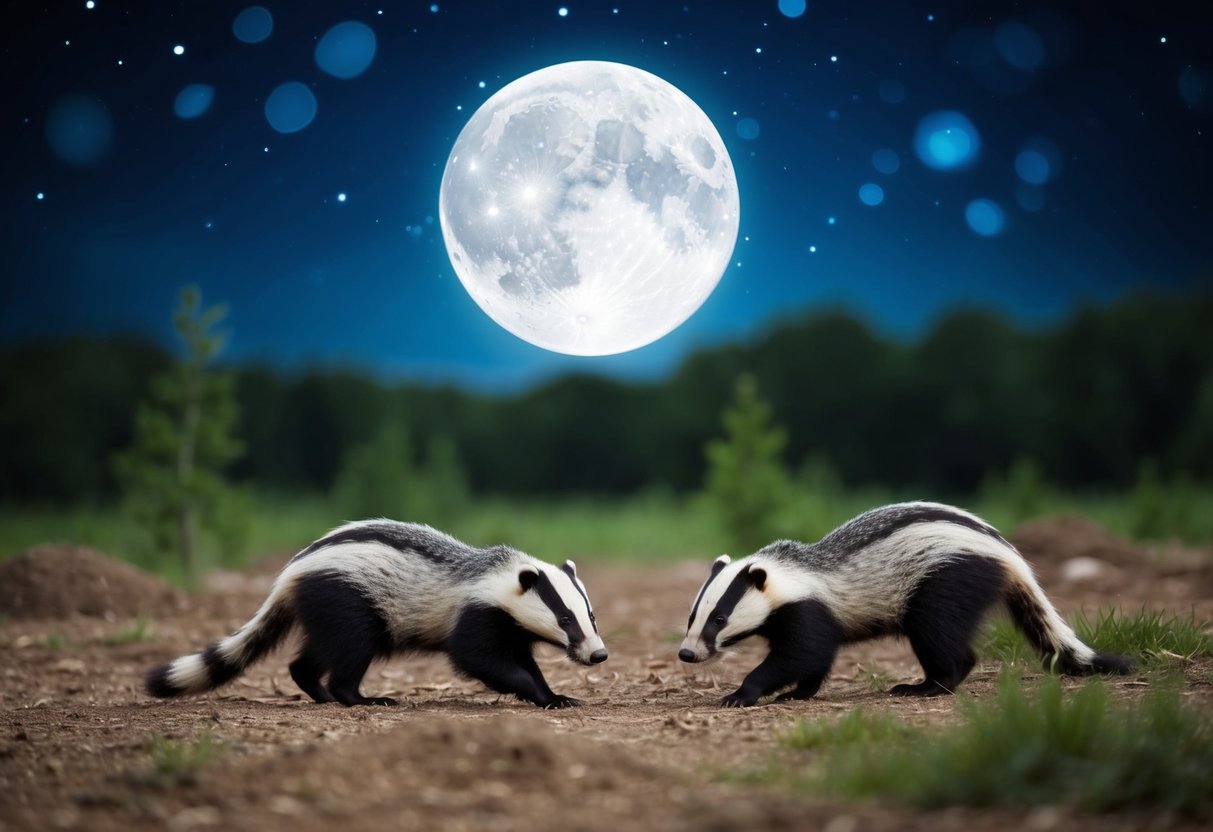 A moonlit forest clearing with burrows and foraging badgers under the night sky