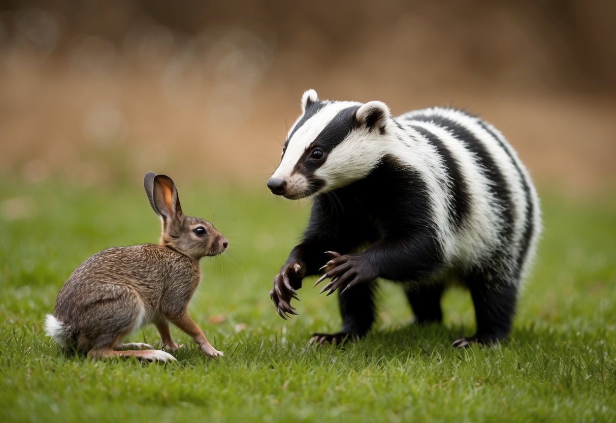 A badger stands alert, claws out, near a startled rabbit