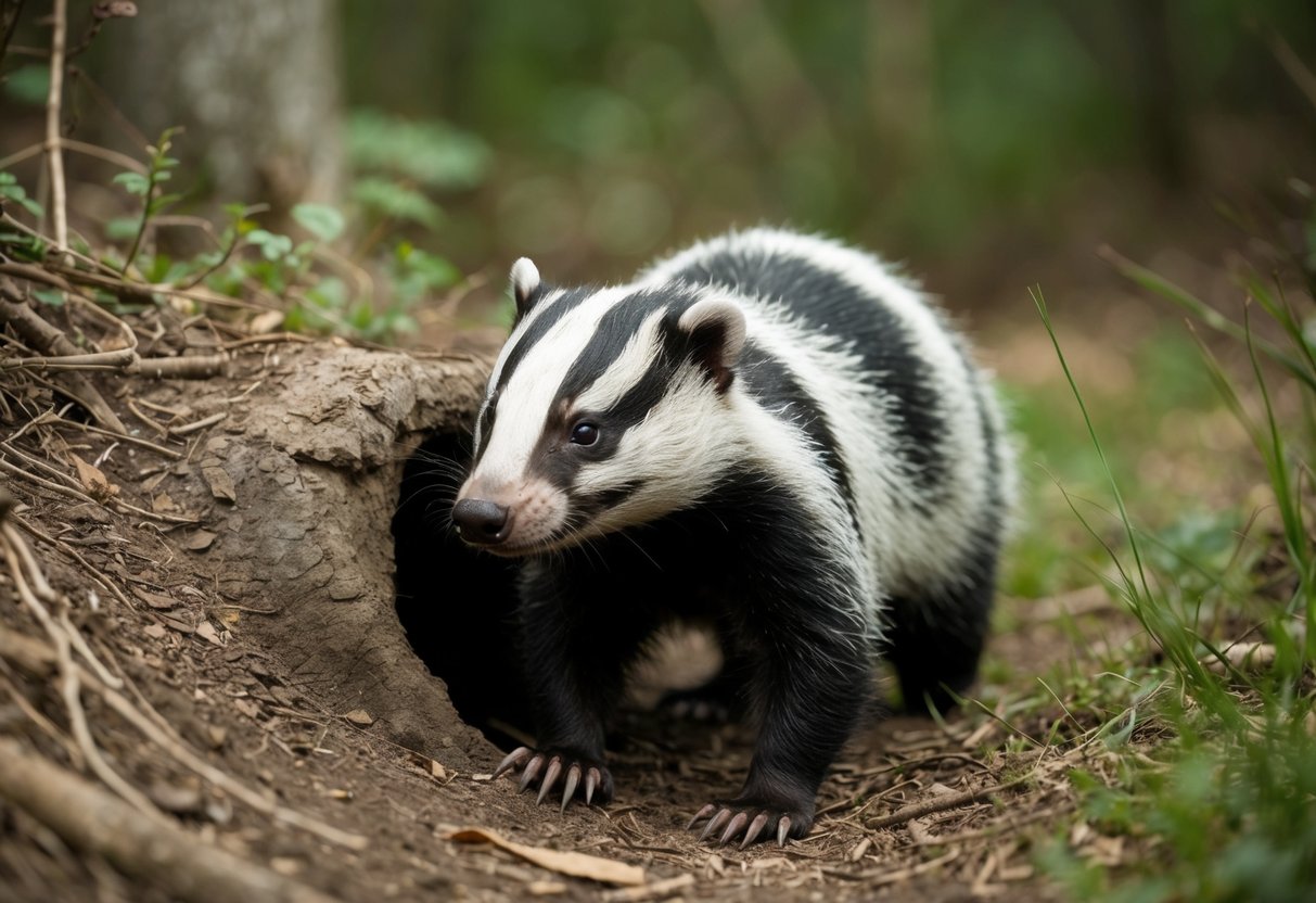 A badger emerges from its burrow, surrounded by a diverse woodland habitat. It sniffs the air, its sharp claws and thick fur on display