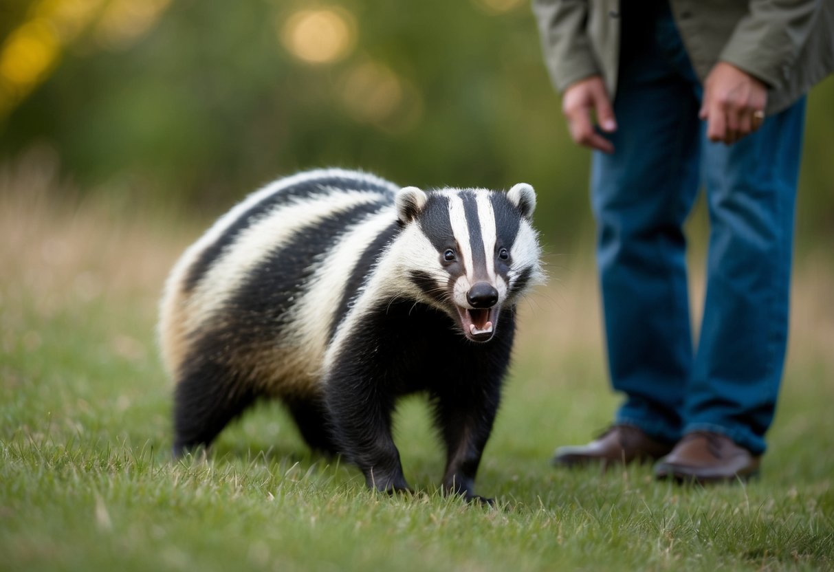A badger stands defensively, baring its teeth and growling at a cautious human observer