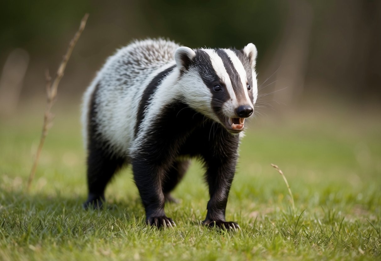 A badger stands on hind legs, teeth bared, in a defensive posture