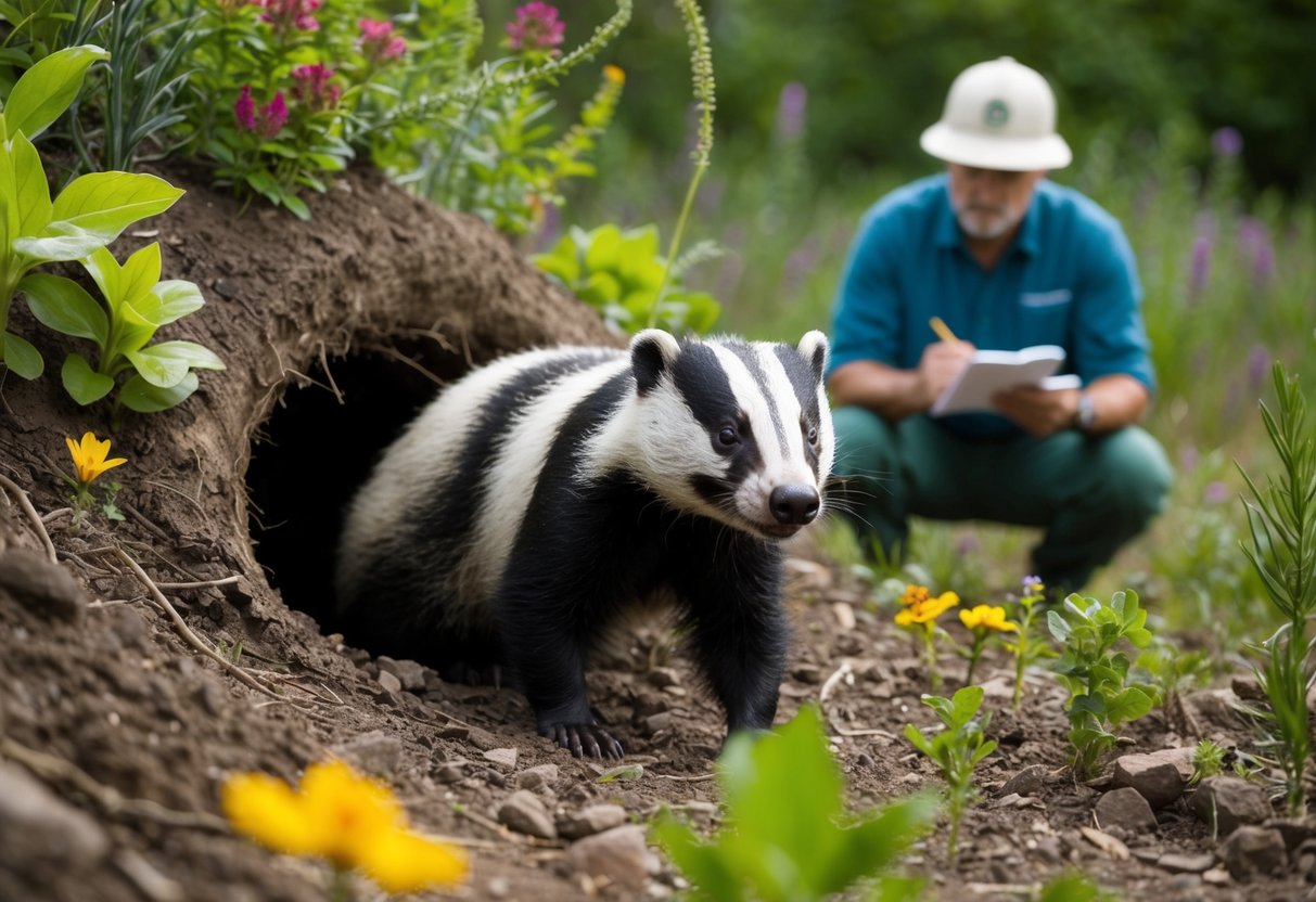 A badger emerges from its burrow, surrounded by a diverse array of plants and wildlife. A conservationist observes from a distance, taking notes and studying the animal's behavior