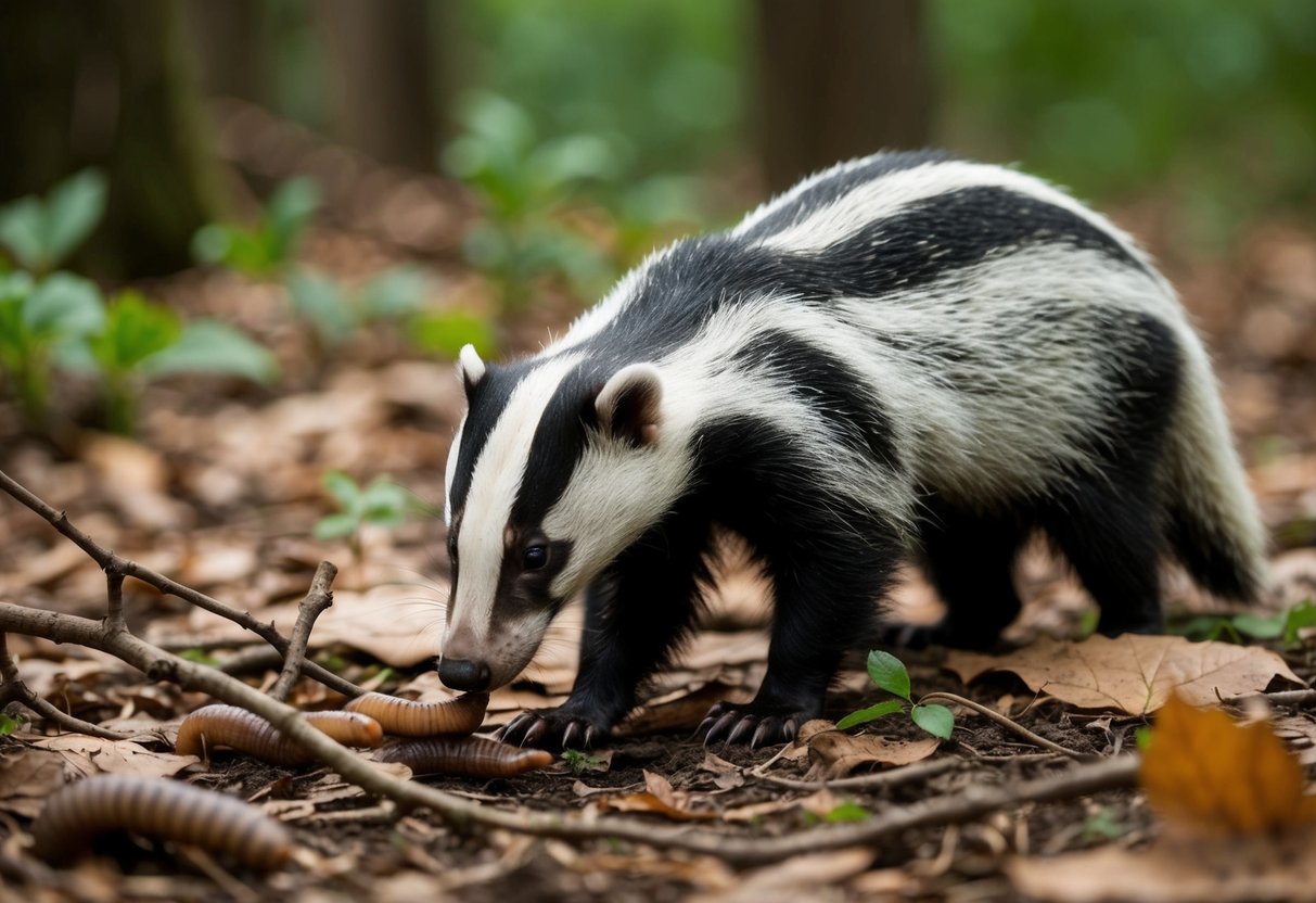 A badger sniffs around a forest floor, foraging for earthworms and grubs among fallen leaves and twigs