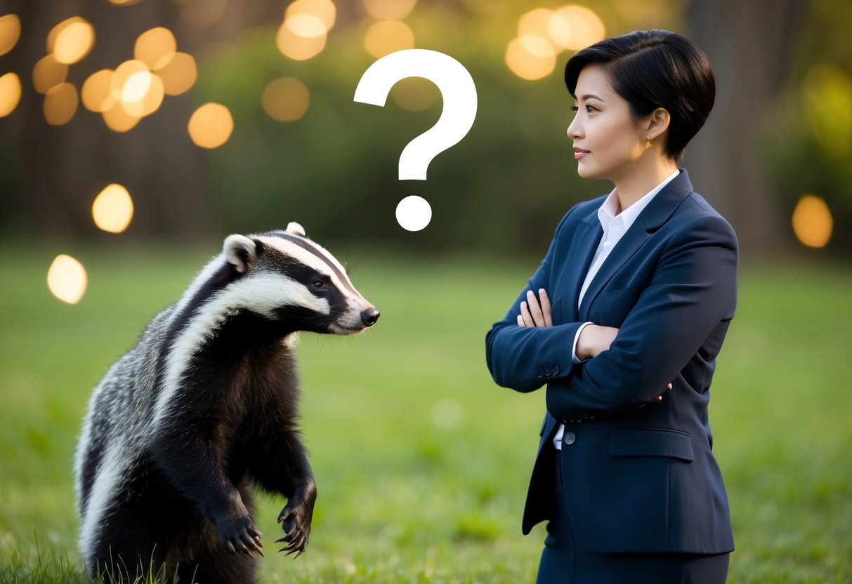 A badger and a person standing apart, with a question mark hovering between them