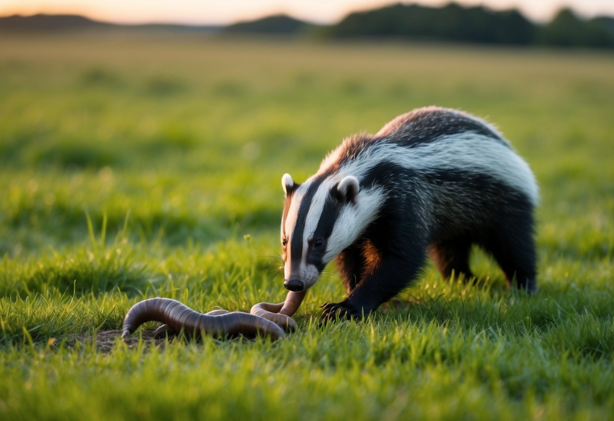 A badger foraging for earthworms and grubs in a lush, grassy field at dusk