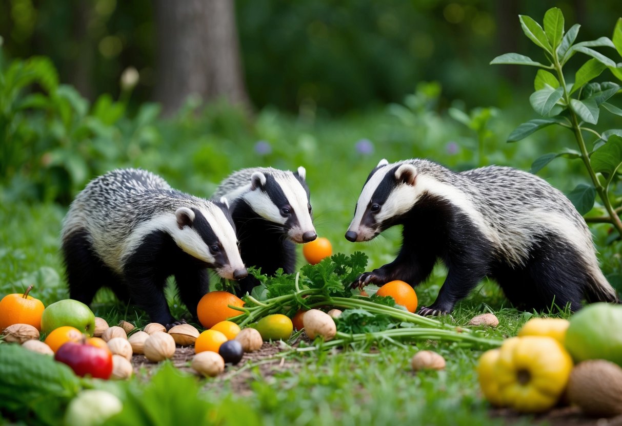 A family of badgers foraging for plant-based food in a lush forest clearing, surrounded by colorful fruits, vegetables, and nuts