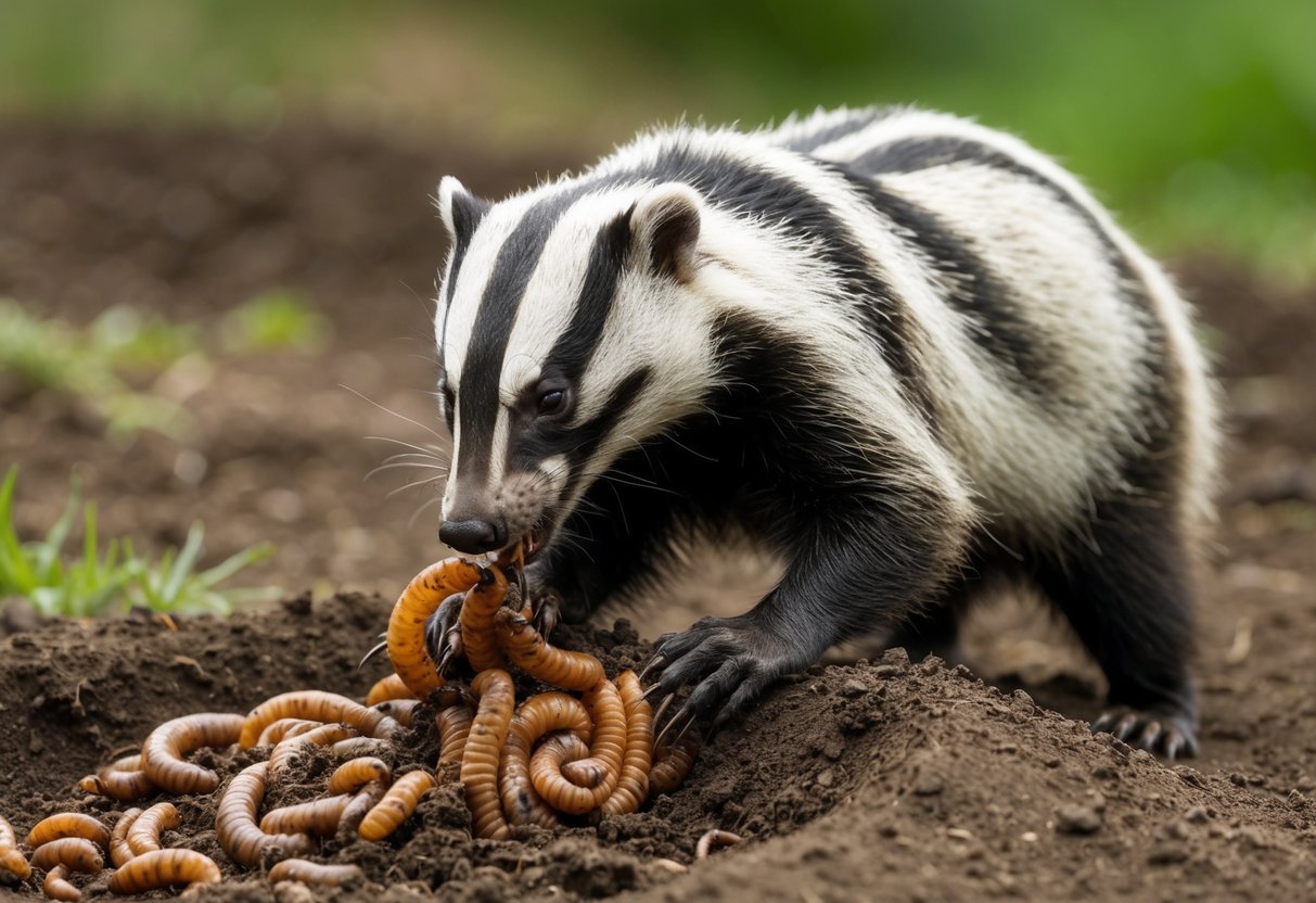 A badger digs energetically in the earth, uncovering a nest of earthworms and grubs. It eagerly snatches them up with its sharp claws and devours them hungrily