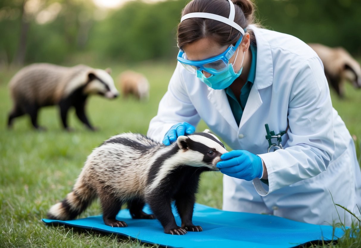 A veterinarian in protective gear examines a badger for signs of TB, while other wildlife roam in the background