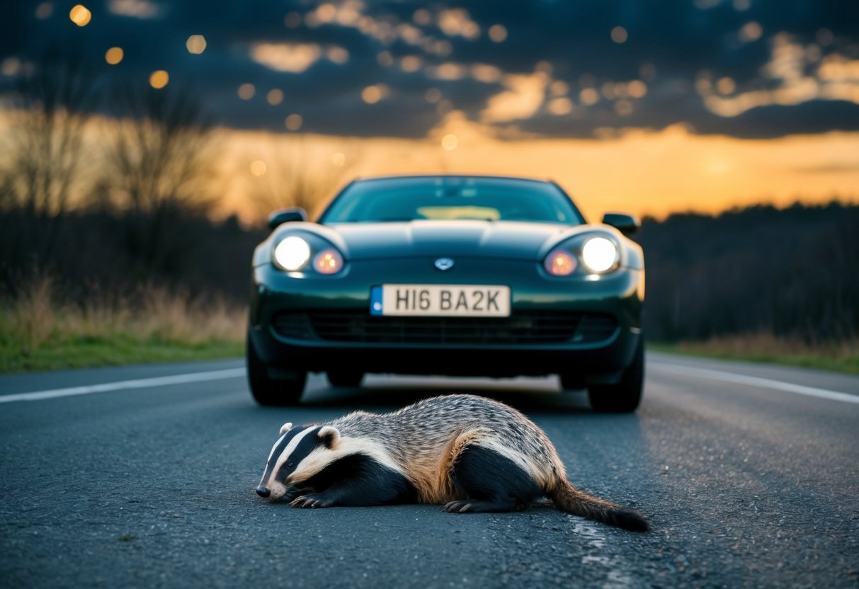 A car on a dark road, with a badger lying injured in front of it