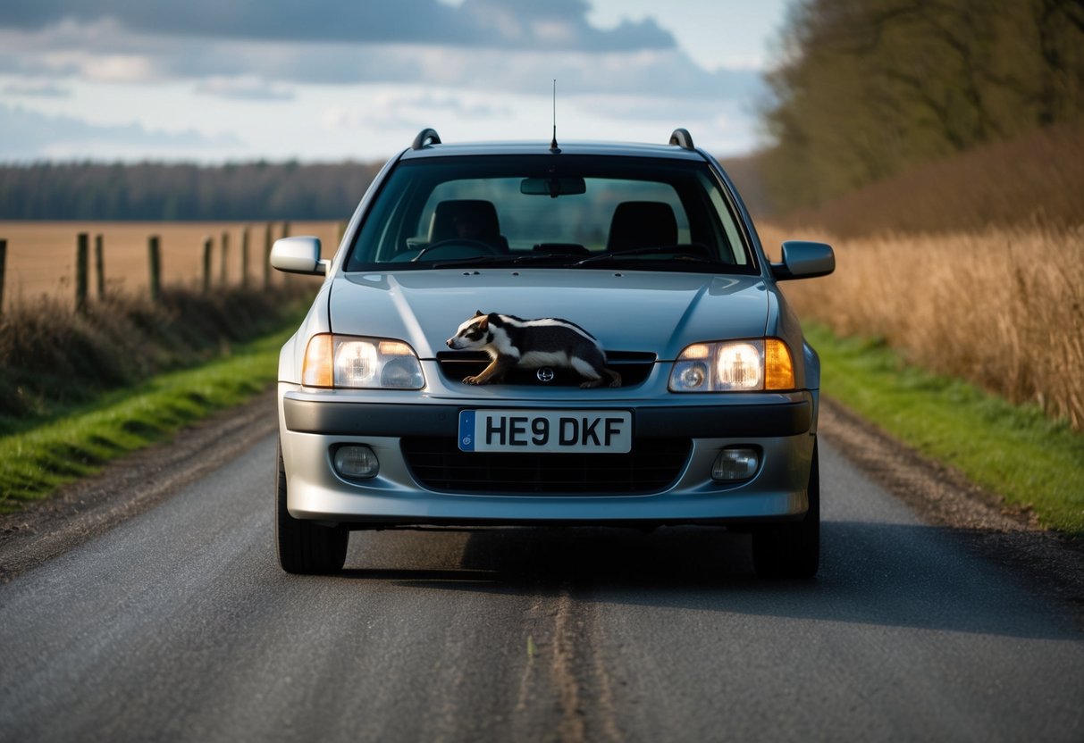 A car on a rural road with a badger in the headlights, surrounded by fields and woodland