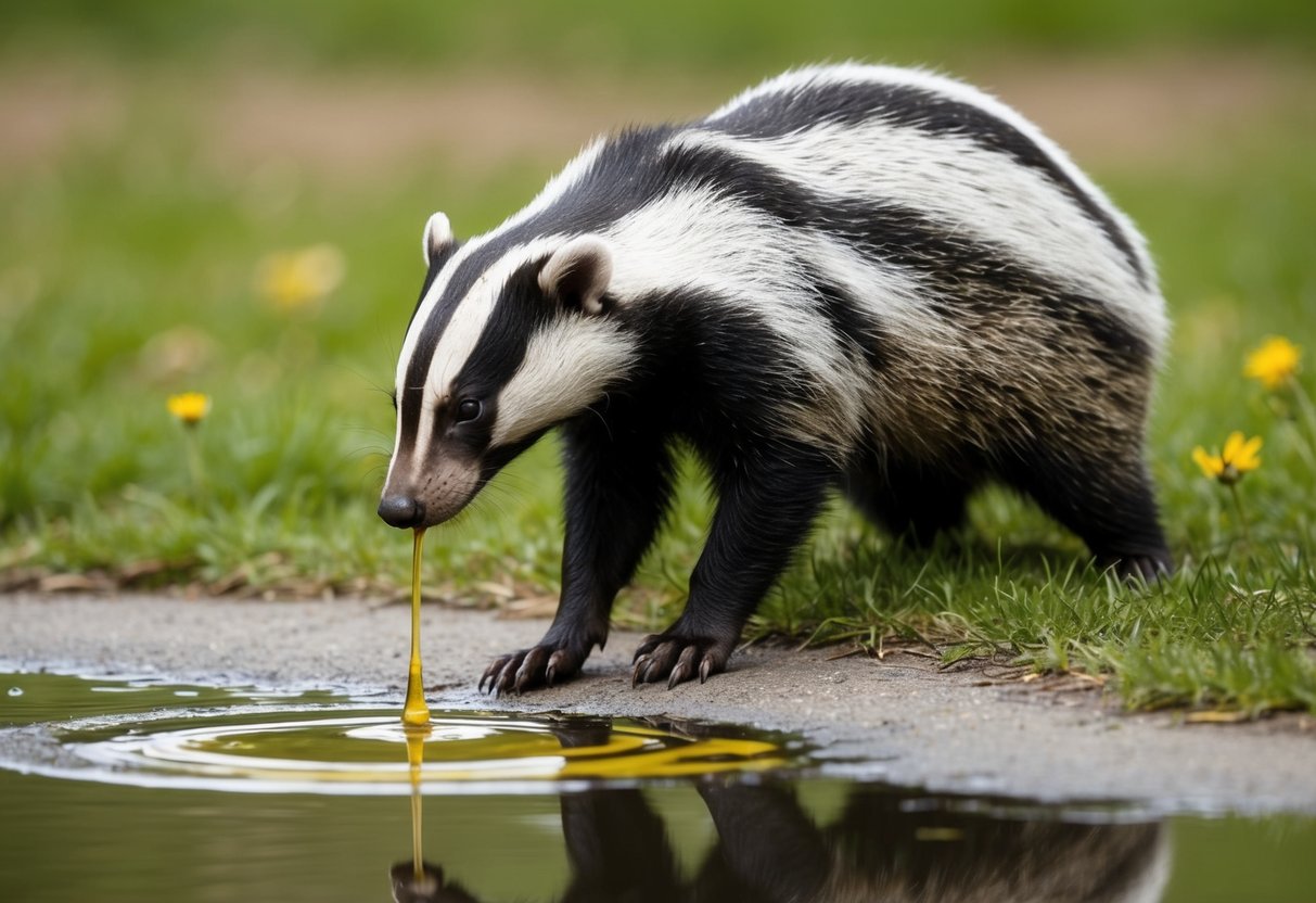A badger sniffs at a puddle of urine, recoiling and turning away in disgust