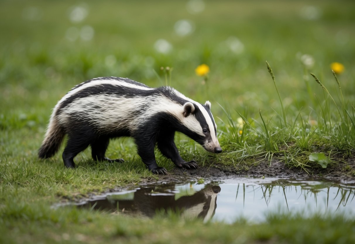 A badger cautiously sniffs a patch of grass with a puddle of human urine nearby