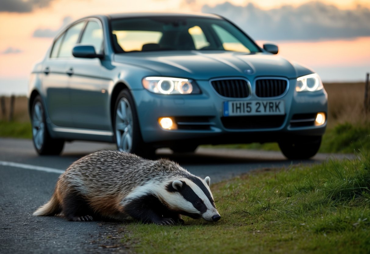 A car on a country road, headlights illuminating a badger lying on the ground