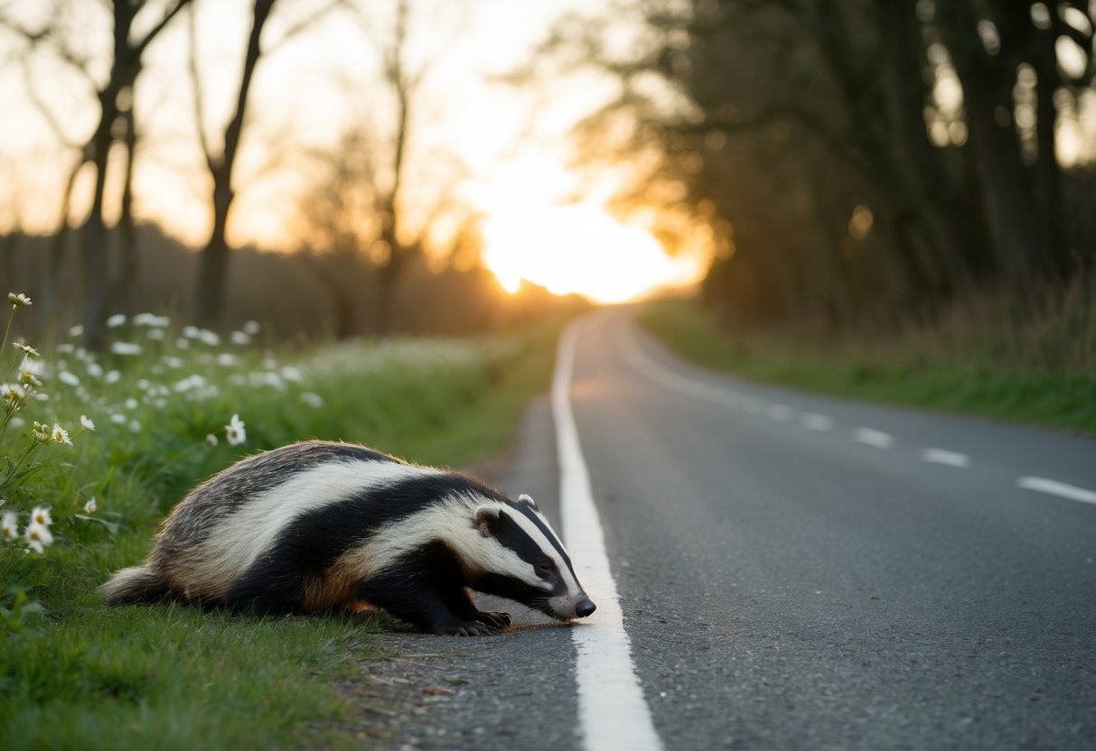 A badger lies injured on the side of a quiet country road, surrounded by trees and wildflowers. The sun is setting, casting a warm glow over the scene