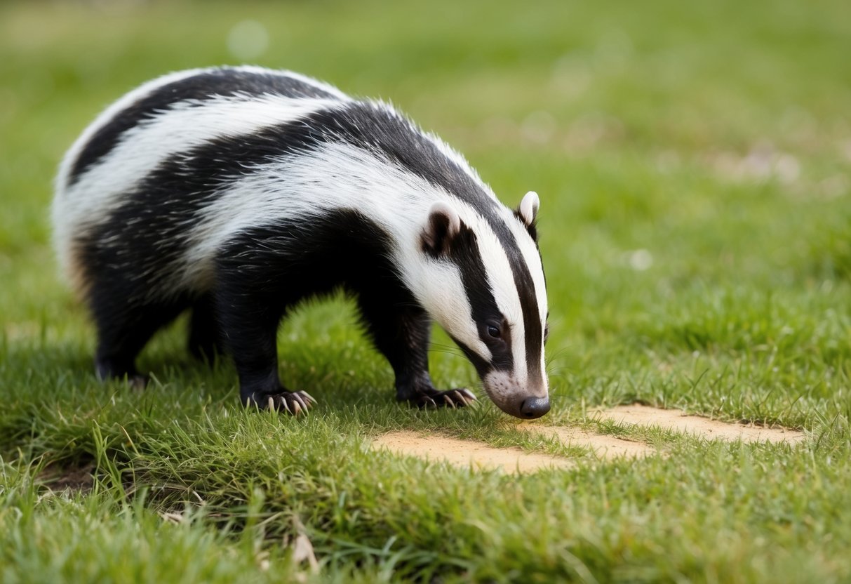 A badger approaching a patch of grass marked with human urine, sniffing and then quickly retreating with a wrinkled nose