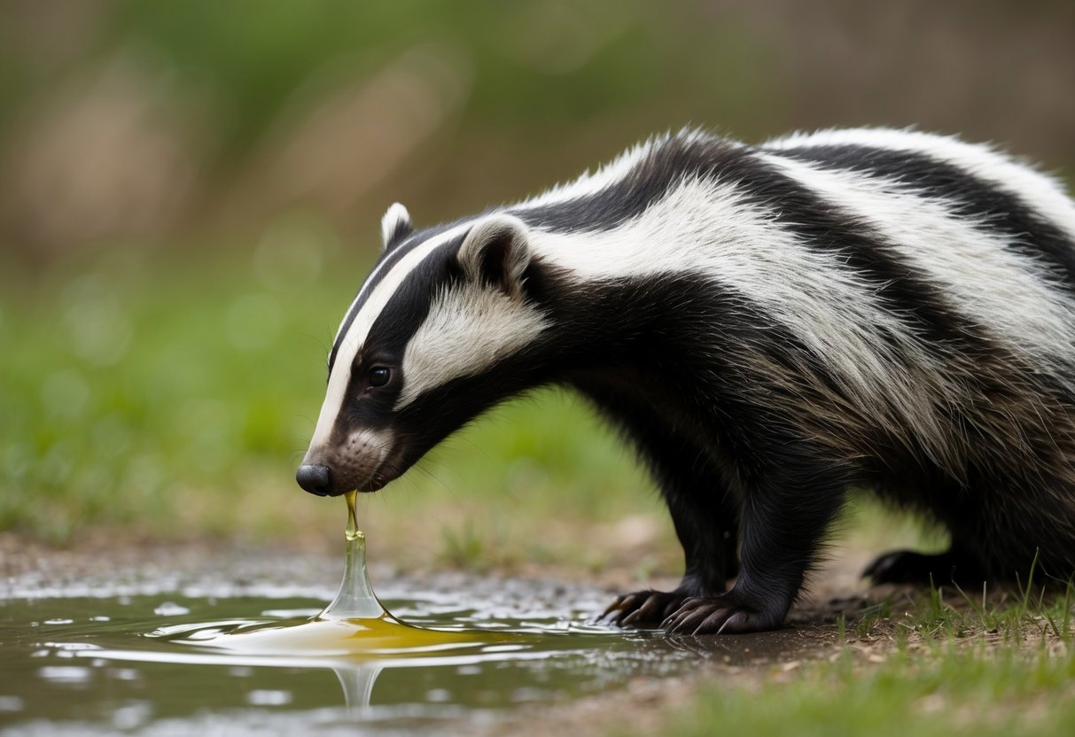 A badger cautiously sniffs a puddle of human urine, then quickly retreats with a wrinkled nose and averted gaze