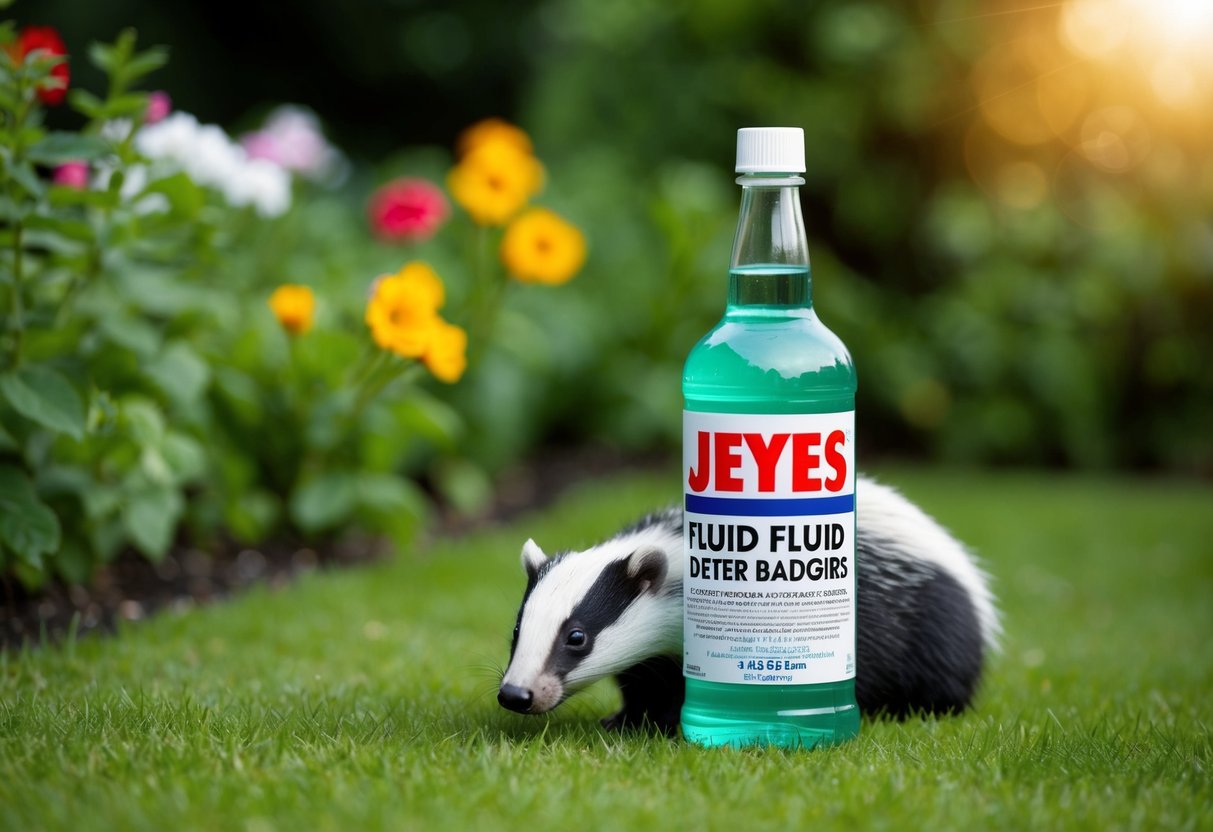 A garden with a bottle of Jeyes fluid placed strategically to deter badgers