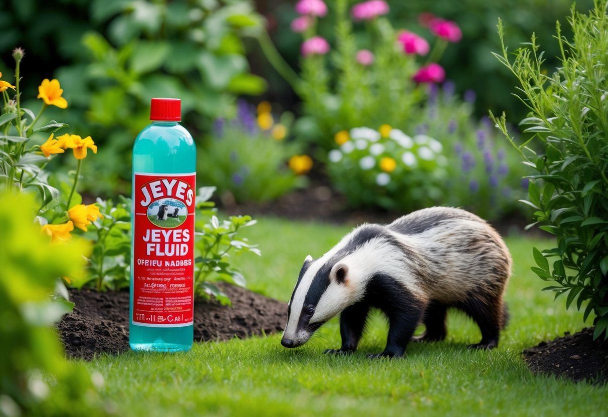 A garden with lush greenery and flowers, a bottle of Jeyes Fluid placed strategically to deter badgers, with a cautious badger sniffing around the perimeter