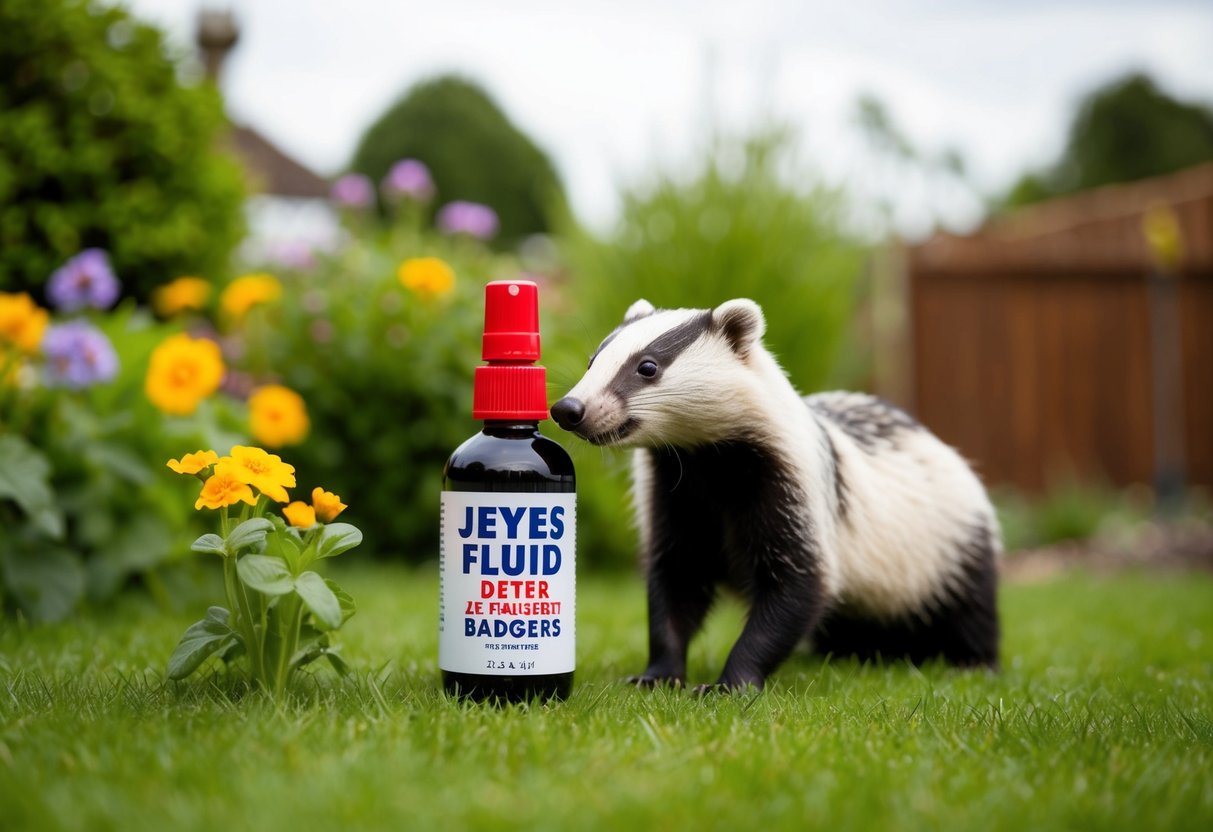 A garden with a bottle of Jeyes fluid placed strategically to deter badgers