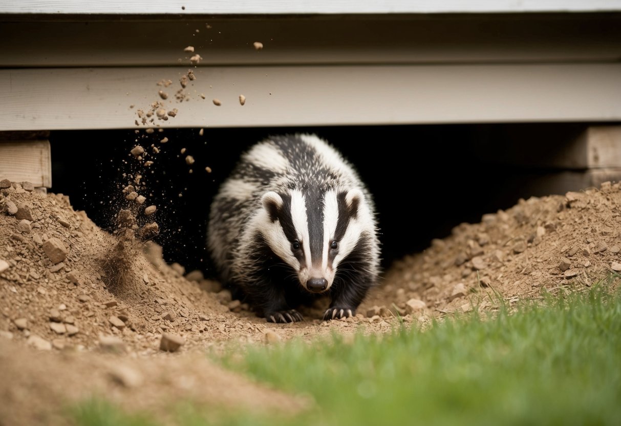 A badger digs a tunnel beneath a house, dirt flying as it works
