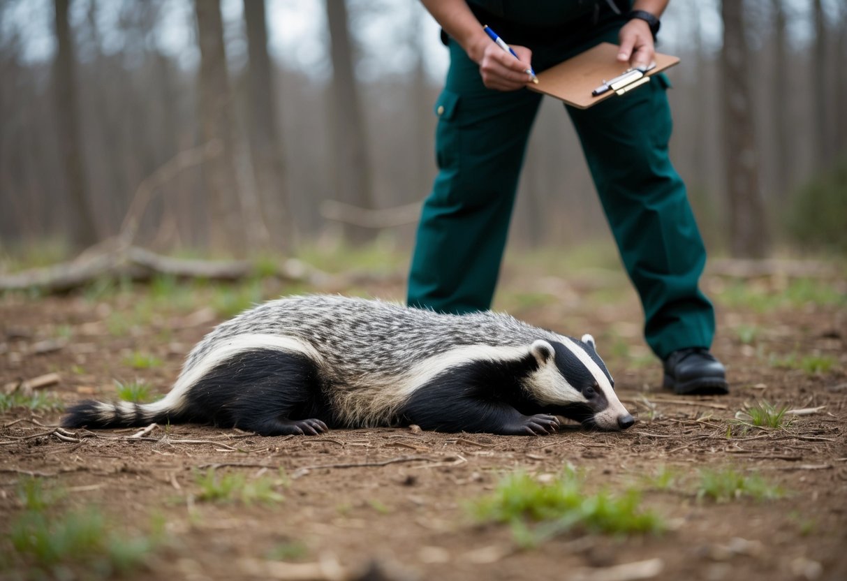 A badger lying lifeless on the ground, surrounded by a forest clearing. A ranger holding a clipboard and pen, standing nearby