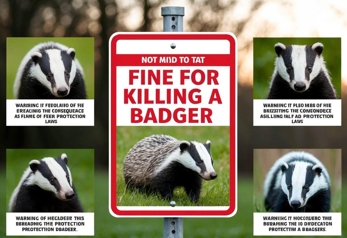 A sign displaying the fine for killing a badger, surrounded by images of badgers and warnings about the consequences of breaking the protection laws