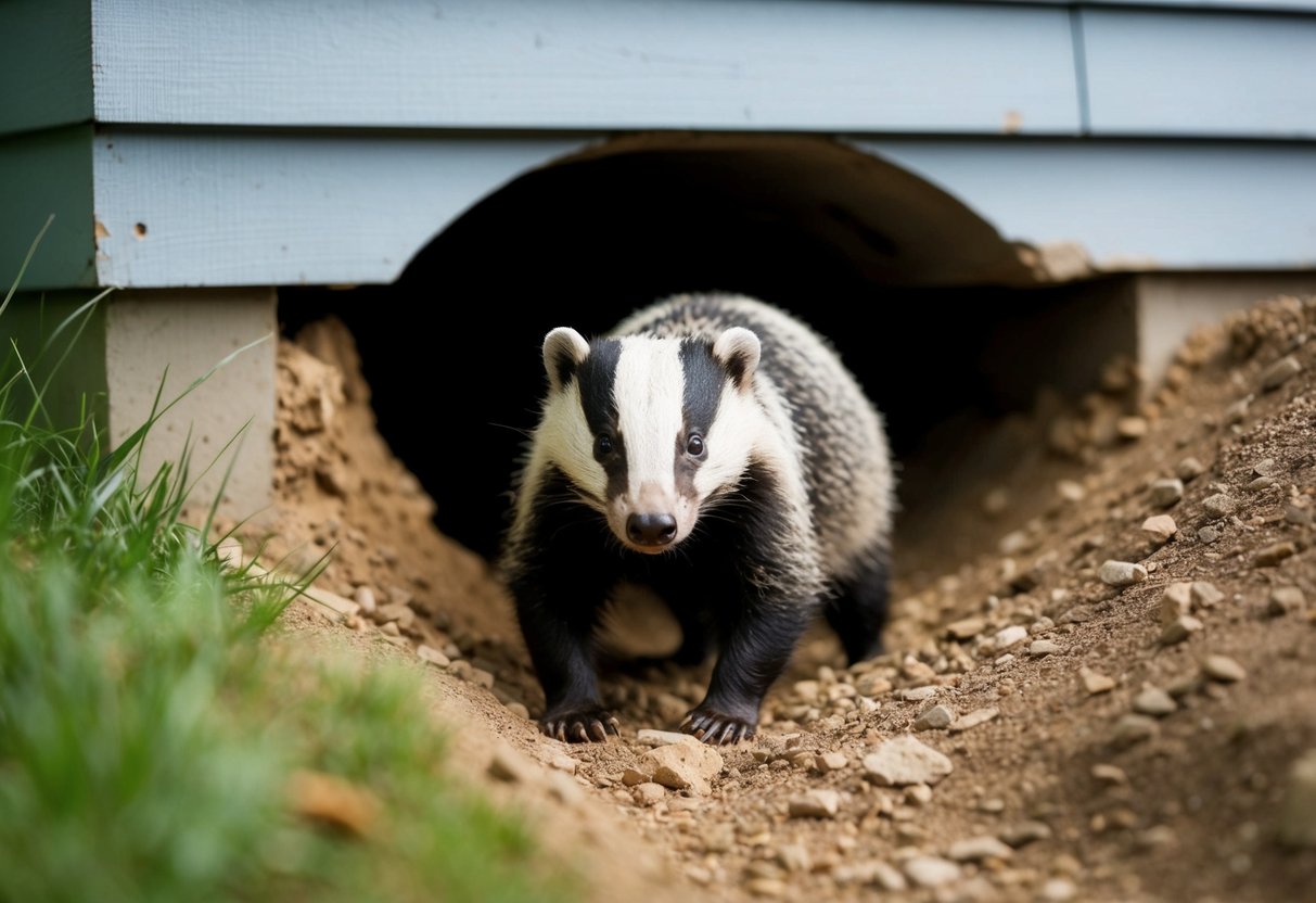 A badger digs a tunnel beneath a house, showing its powerful digging capabilities