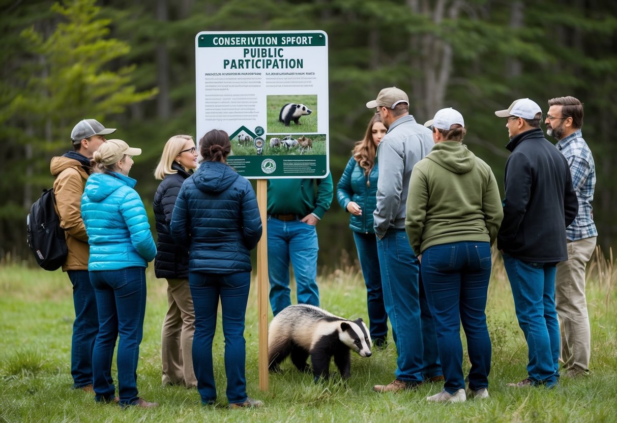 A group of people gathering around a sign with information about conservation efforts and public participation, with a badger depicted as the focal point of the scene