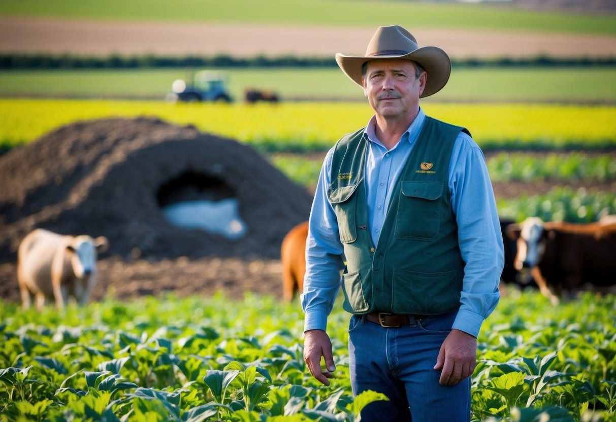 A farmer standing in a field, surrounded by crops and livestock, with a badger burrow visible in the background