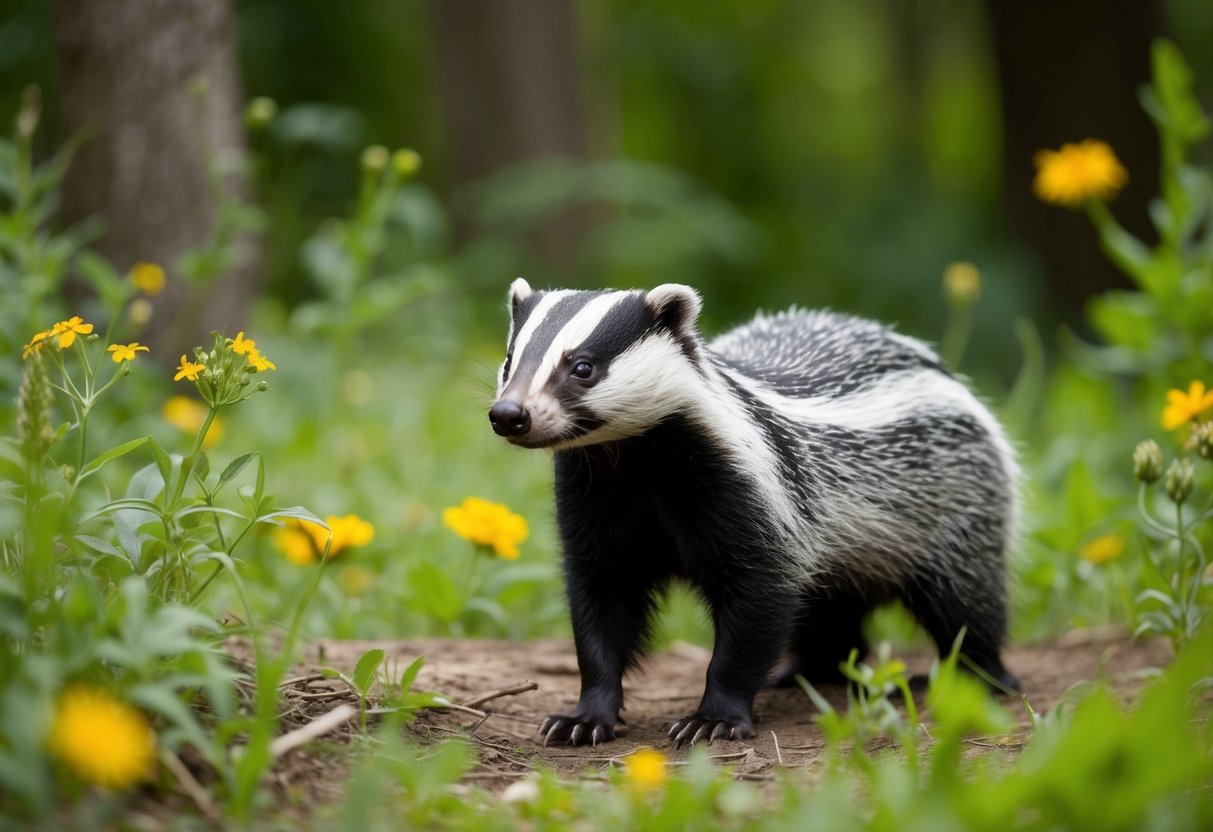 A badger standing in a forest clearing, surrounded by lush greenery and wildflowers, with a sense of calm and tranquility